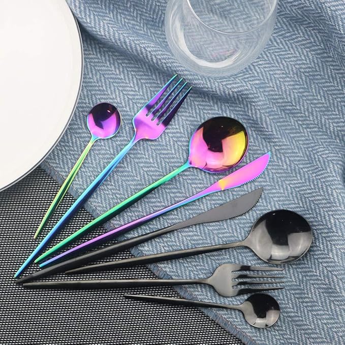 JASHII 4 Piece Silverware Set, 4-Pieces Flatware Set 304 Stainless Steel Cutlery Set Service for 1,Include Knife/Fork/Spoon,Mirror Polished (Rainbow)