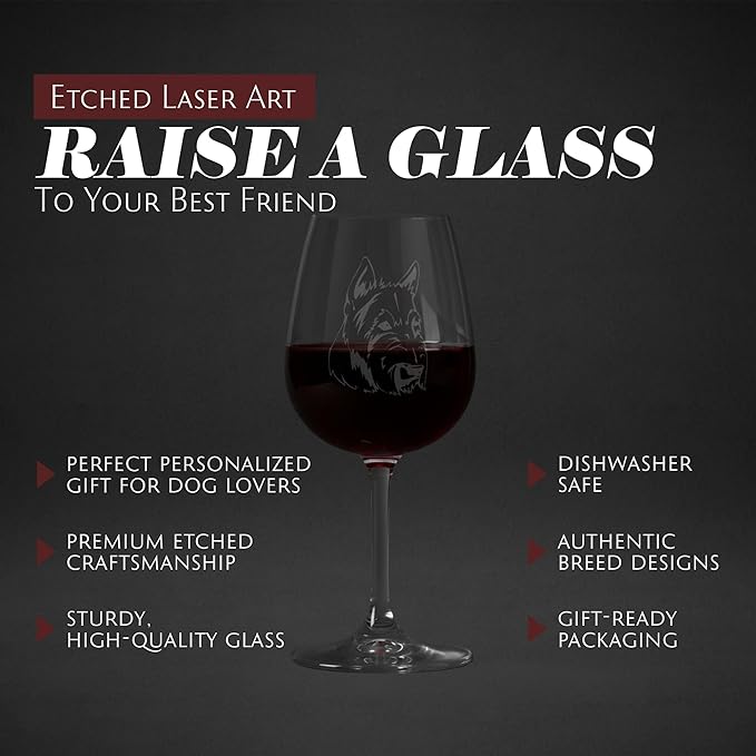 Etched Laser Art Personalized Dog Themed Etched Wine Glass - Custom Dog Breed Wine Glasses, Ideal for Pet Lovers, Personalized Birthday Gift for Men & Women - Scottish Terrier (Aberdeen), 12.75 oz
