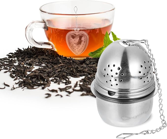 uxcell Tea Infuser Filter, Loose Tea Steeper, Stainless Steel Tea Strainer, Egg Tea Ball with Chain and Drip Tray for Brew Loose Leaf Tea, Silver