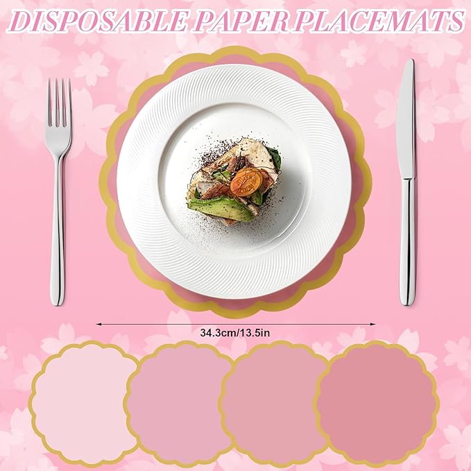 100 Pcs Pink Paper Placemats 13.5 Inch Disposable Scalloped Colorful Pastel Round Table Place Mats with Gold Edges, Decorative Colors Mats for Birthday Wedding Bridal Shower Banquet Tea Party