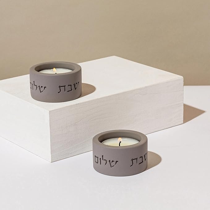 SURI Shabbat Candle Holders Set – Modern Judaica Shabbat Candlesticks for Tea Lights – Concrete Shabbos Candles Holders, Dripless Design – Jewish Gift & Home Decor