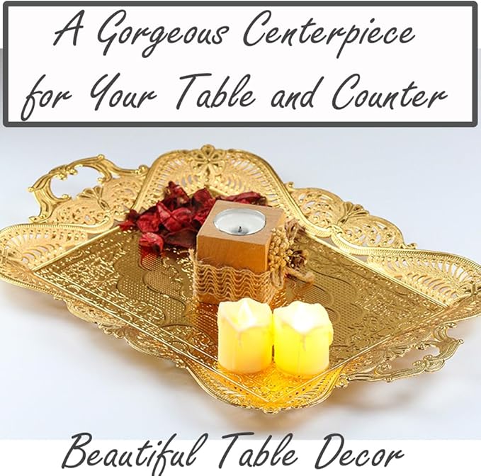 Gold Turkish Coffee Tea Serving Tray Table Home Decor Decorative Handle - Gold Vintage Brass Fancy Rectangle Style Traditional Rustic Bar Outdoor Wedding Arabic Farmhouse Wedding Decor Tray