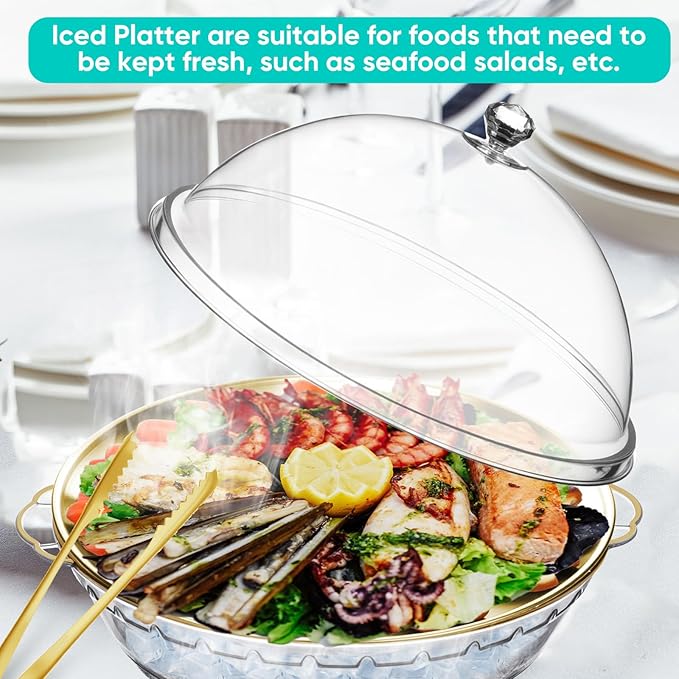 Baderke 11.8" Chilled Serving Tray for Parties with Compartments and lid Ice Chilled Party Platter Charcuterie Serving Board Cold Dish Dip for Fruit Seafood Vegetable Shrimp Cocktail (Gold,2 Pcs)