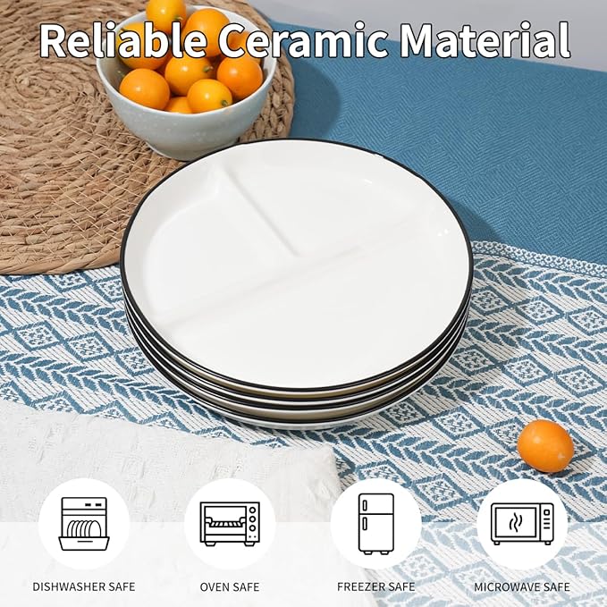 Ceramic Divided Plates Set of 4Pcs, 8 Inch Portion Control Plate, Reusable Bariatric Plate for Adults, 3 Compartment Plates, White Dinner Plates for Balanced Meal, Microwave, Dishwasher Safe