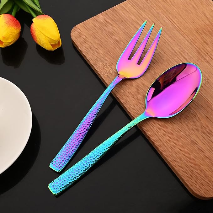 JASHII 5-Piece Rainbow Hammered Flatware Hostess Set Stainless Steel Serving Fork Slotted Serving Spoon Butter Knife Teaspoon Set for Buffet Party Mirror Polished Dishwasher Safe