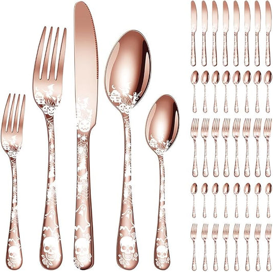 XIAOYU 40-Piece Halloween Themed Skeleton Silverware Set, Metal Flatware Set Serving for 8, Gothic Unique Skeleton Pattern Design, Durable Cutlery Set for Halloween Easter Christmas, Rose Gold