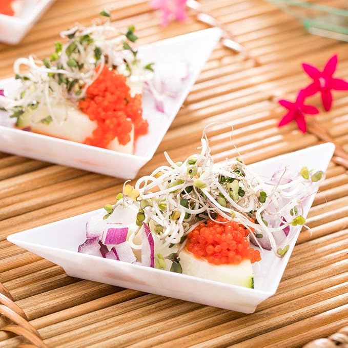 Restaurantware 4 x 2 Inch Mini Appetizer Plates 100 Disposable Triangle Plates - Serve Hors D'oeuvres Samples Or Snacks For Parties Or Catering White Plastic Mini Dessert Plates