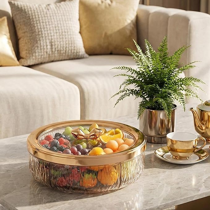 Divided Serving Tray with Transparent Lid Rotating Snack Tray Appetizer Platter Divided Dessert Dish Suitable for Living Room Gatherings GIF, Rose Golden Bow