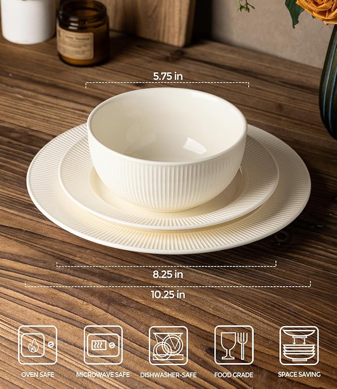 TheTerra Stoneware Dinnerware Sets for 6, 18 Pieces Ceramic Plates and Bowls Sets, Scratch Resistant Embossed Dish Set, Oven, Microwave & Dishwasher Safe, Beige
