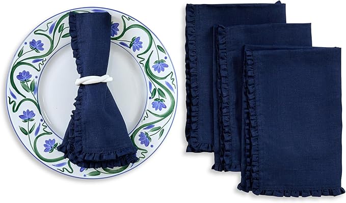 Solino Home Navy Blue Linen Dinner Napkins 20 x 20 Inch - 100% Pure Linen Juliette Ruffle Cloth Napkins Set of 4 - Handcrafted and Machine Washable