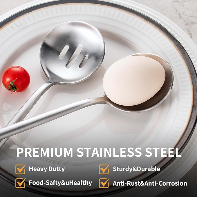 O.C.E. 4 Pieces Serving Spoons Set,10.3-Inch Large Serving Spoon,Including 2 Serving Spoon and 2 Slotted Spoon,Stainless Steel Flatware Serving Set,for Buffet,Banquet or Gift,Matte Silver