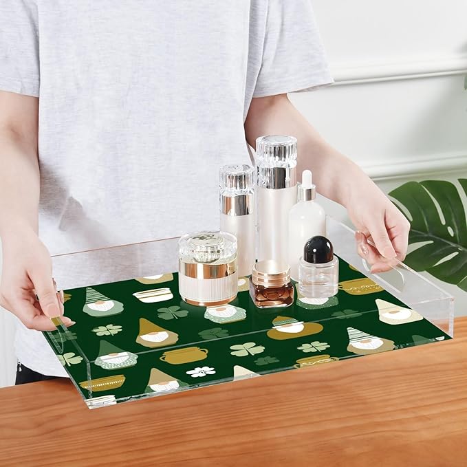 Serving Tray with Handles Clear Acrylic Tray 12x16 Inch Decorative Rectangular Tray Organizer for Ottoman Coffee Table Bathroom Green Clover Dwarf St