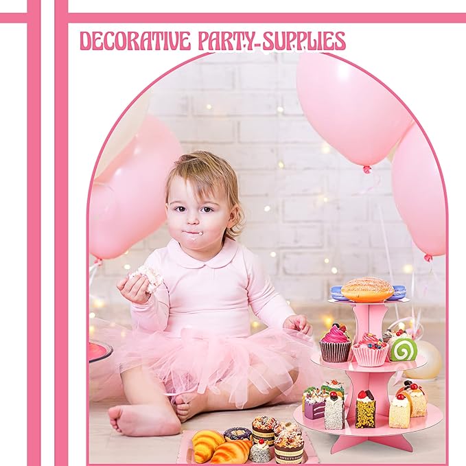 Zopeal 7 Pieces Cake Stand Set 3-Tier Cardboard Cupcake Stand 1-Tier Cupcake Display Round Rectangle Serving Tray Reusable Platters Cupcake Holders for Desserts Birthday Party(Pink)