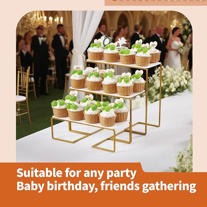 12 Inch 3 Tier Serving Stand Polypropylene Serving Platter Tier Serving Trays with Collapsible Sturdier Rack, Serving Dishes and Platters for Thanksgiving, Christmas, Entertaining, Gold,