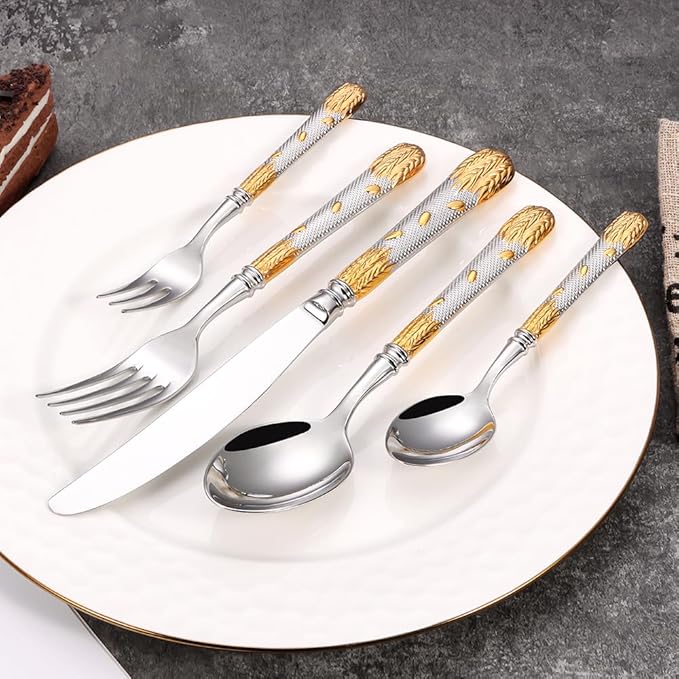 Luxury 20-Piece Wheat Ear Design Silverware Set, Premium 18/10 Stainless Steel Flatware, Serving 4. (Gold & Silver)