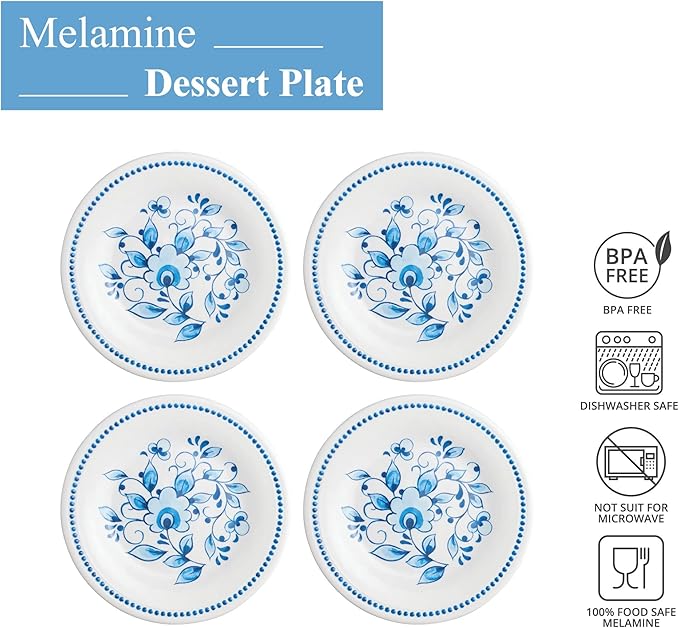 UP UPware Blue and White Floral Melamine Round Dessert Plates, Small Serving Plates, for Appetizer, Snacks, and Side Dishes, Blue, 6 Inch, Set of 4