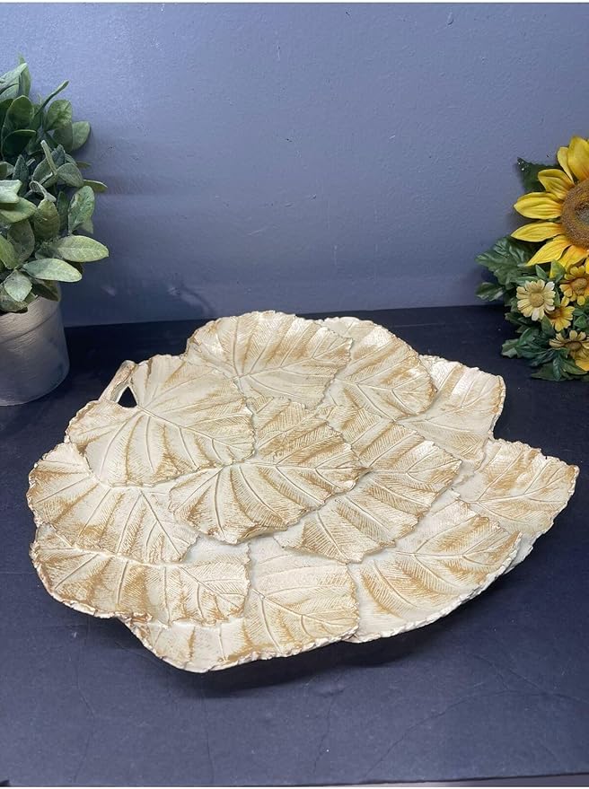 Leaf Serving Tray Decorative Polyester Silver Black Antique Finish, Abstract Home Decor, Tabletop Ornament, One Size - Cream Gold Antique Finish, One Size