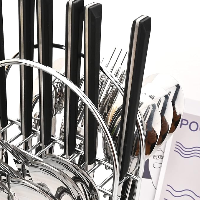 Silverware Set, 24 Piece Mirror Flatware Set With Stand, Stainless Steel Utensils With Black Handle, A Complete Cutlery Set For Most Families, Service For 6