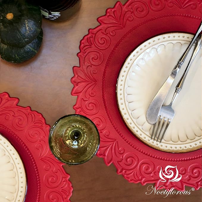 Noctiflorous Round Faux Leather 15 Inch Placemats Set of 4 Waterproof Wipeable Heat Resistant Tablemat for Dining Table Kitchen Non Slip Washable Oilproof Table Place Mat(Holly Red, 4)