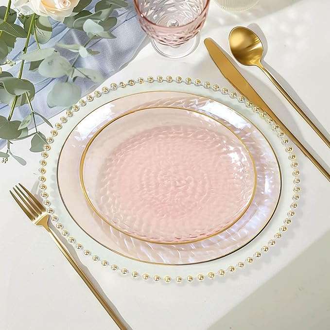Efavormart 10 Pack | Transparent Blush Hammered 7" Round Plastic Dessert Appetizer Plates With Gold Rim, Disposable Salad Party Plate