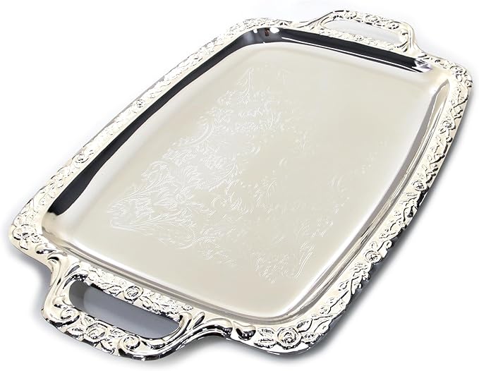 (Pack of 4) 17.7" x 10.6" Unique Rectangular Vintage Chrome Plated Serving Tray with Handle Floral Engraved Wedding Birthday Buffet Party Dessert Food Snack Wine Platter T140-4PK