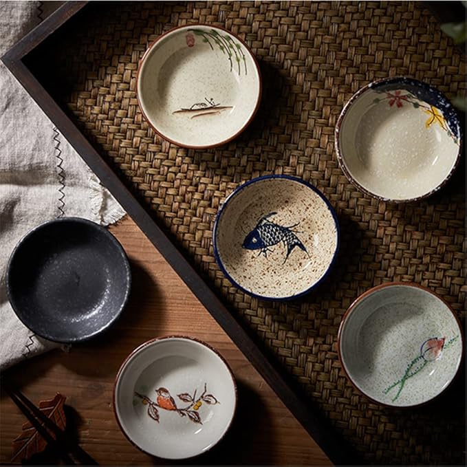 Japanese Retro Ceramic Side Dishes Set of 6, Ceramic Dip Bowls Appetizer Plates, 3.8 Inch Seasoning Dish for Ketchup, Sushi, Snack, Sauce, Dessert