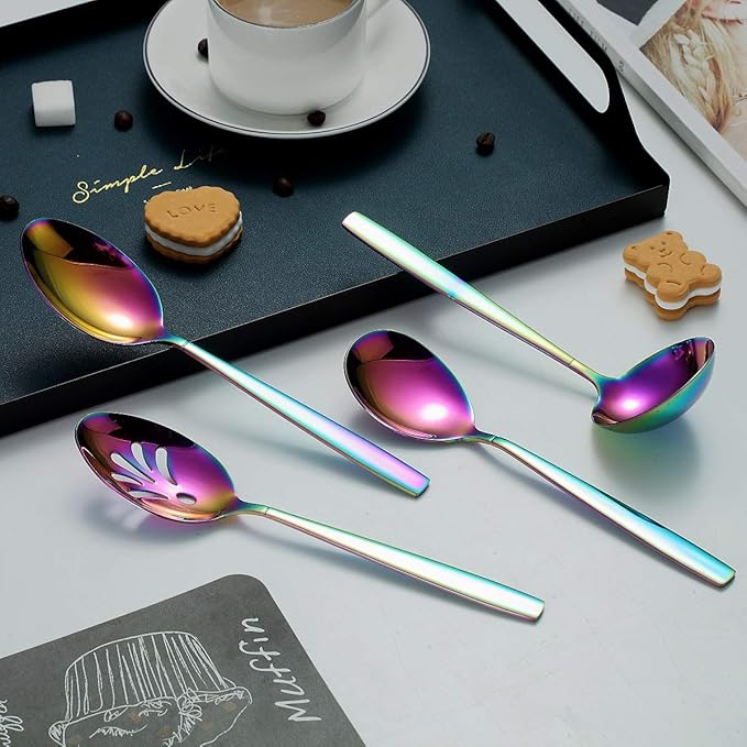 HOMQUEN Rainbow Serving Set - 10 Piece Colorful Flatware, Includes Slotted Spoon, Cake Server, Sugar Spoon, Soup Ladle, Wedding Cake Knife