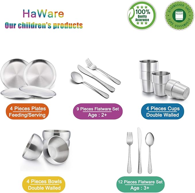 HaWare 6-Piece 18/8 Stainless Steel Plates, Metal 304 Dinner Dishes for Kids Toddlers Children, 8 Inch Feeding Serving Camping Plates, Reusable and Dishwasher Safe