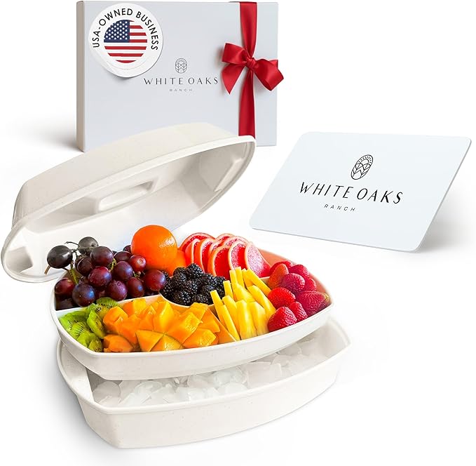 15" Stone-Colored Chilled Serving Tray - 3-Tier Ice Party Platter with 4 Compartments, Ice Tray & Lid, BPA-Free Melamine, Dishwasher & Freezer Safe for Fruits & Vegetables - Cutting Board Included
