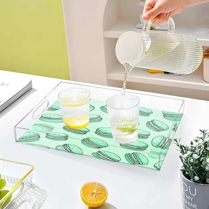 Serving Tray with Handles Clear Acrylic Tray 12x16 Inch Decorative Rectangular Tray Organizer for Ottoman Coffee Table Bathroom Mint Green Cute Macarons