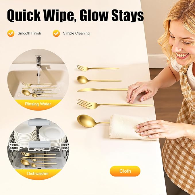 90-Piece Matte Gold Silverware Set, Stainless Steel Flatware Service for 18, Hand Forged Handle Cutlery, Dishwasher Safe for Home, Hotel & Wedding