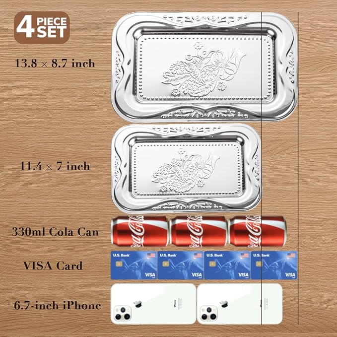 4-Pack Silver Serving Trays Set - ZENOVLUX Bow Floral Engraved Mirror Decorative Tray, 13.8" x 8.7" Party Platters for Christmas, Cookies, Charcuterie, Snacks, Desserts, Fruit, Party Food Display