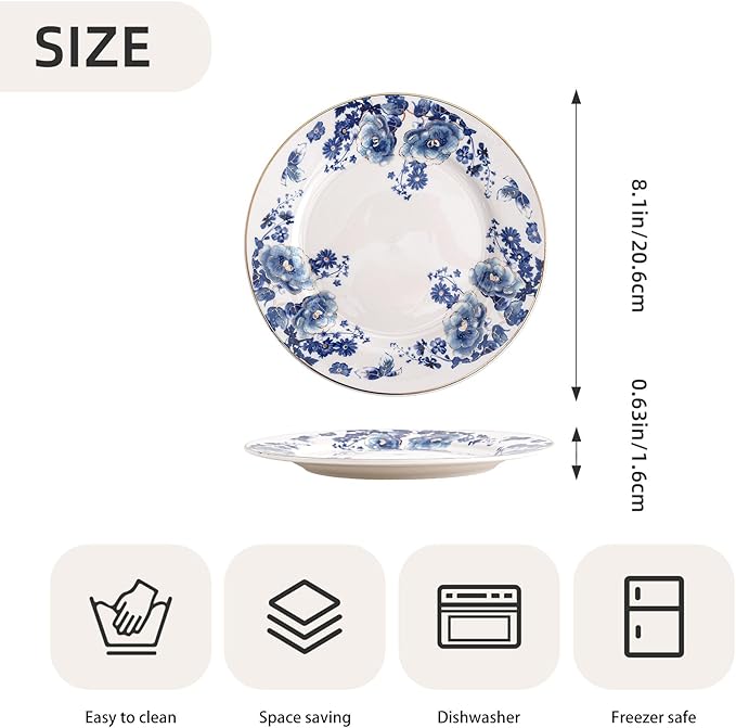 Porcelain Floral Plates, 8 inch, Set of 4,Small Plate, Small Appetizer Plates,Round dessert plate for breads, desserts, snacks, salads (Blue flowers)