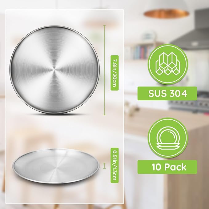 10 Stainless Steel Plates, 7.8 inch 304(18/8) Metal Camping Plate, Reusable Food Serving Dish Snack Eating Dishes Round Shatterproof Plate Silver Dinnerware for BBQ Dinner Oven Dishwasher Safe