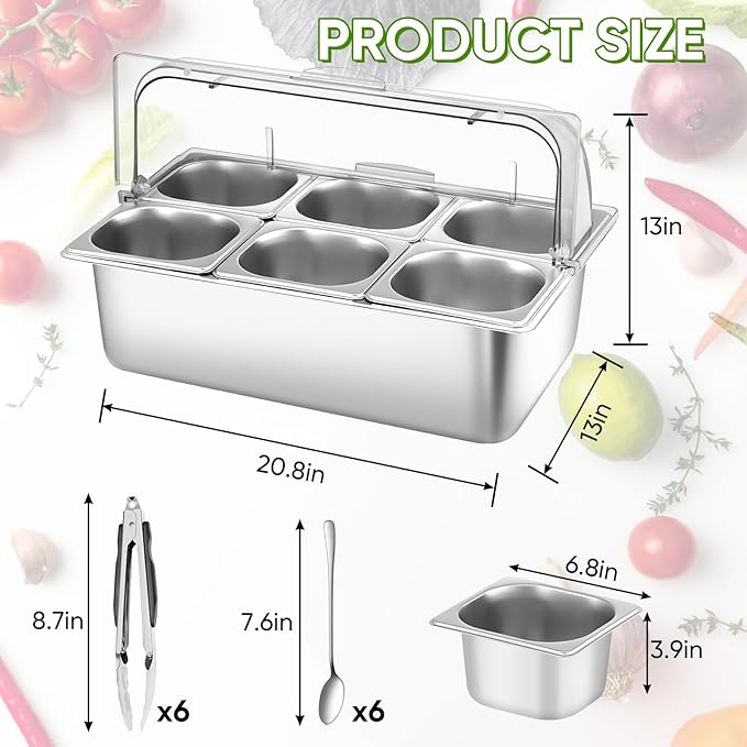 Countertop Food Serving Display Container with Clear Roll Top Cover, Stainless Steel Salad Serving Tray Condiment Dispenser Ice Food Serving Display Tray for Buffet Restaurant Kitchen Party(6 Pan)