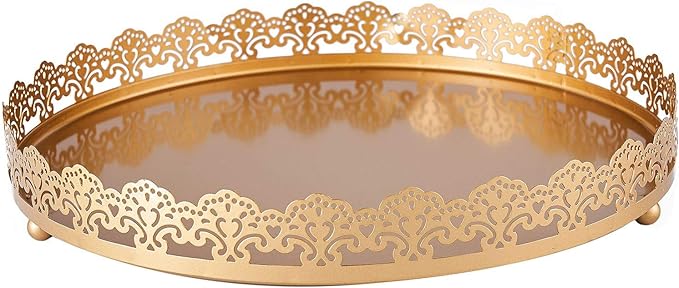 Plastic Round Premium Decorative Serving Tray with Embellished Rims - Gold