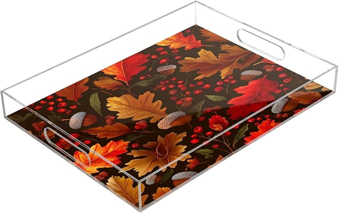 Serving Tray with Handles Clear Acrylic Tray 12x16 Inch Decorative Rectangular Tray Organizer for Ottoman Coffee Table Bathroom Autumn Maple Leaves Acorns Berries