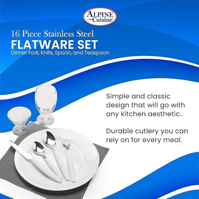 ALPINE CUISINE Flatware Set 16 Piece Service for 4, Stainless Steel Flatware Cutlery Set Includes Dinner Knives/Forks/Spoons - Great for Camping or College Dorms - Dishwasher Safe - White