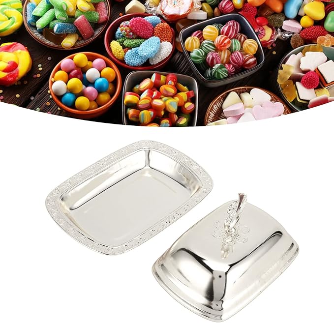 Gold Stainless Steel Gold Serving Tray, European Style Elegant Serving Platter Small Storage Fruit Tray, Eating Trays Metal Fruit Plate Table Decoration with Lid for Snacks Candies Desserts(Silver)
