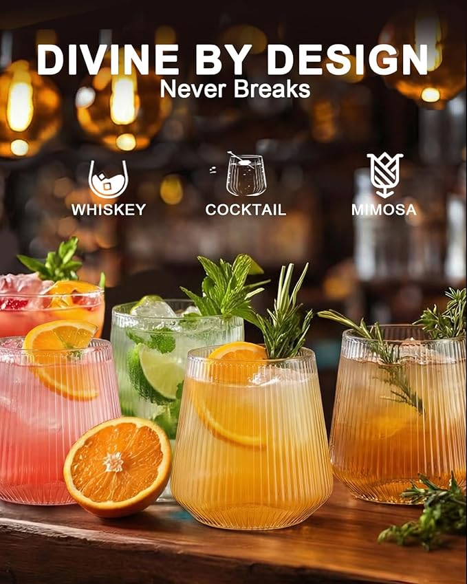 40 Pcak Ribbed Plastic Wine Glasses, Origami Ripple Disposable Stemless Wine cocktail Whiskey Champagne Glasses, 12 Oz Clear Unbreakable Cups for Party,Indoor,Outdoor,Wedding,Bars,Tasting