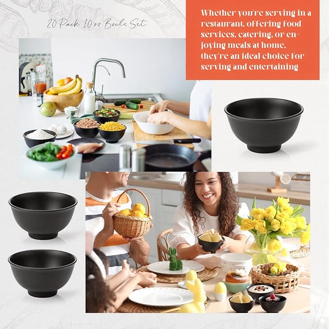Tioncy 20 Pack 10 oz Black Dessert Bowls Set Round Melamine Bowls for Pasta Cereal Rice Soup Snack Candy Ice Cream Pudding Fruit Salad, Dishwasher Safe