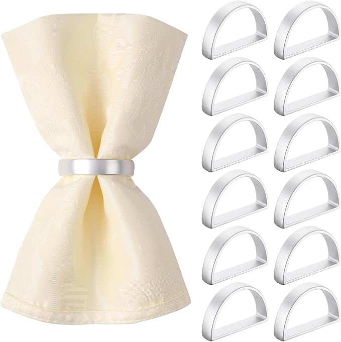 Suream Napkin Rings Bulk, Set of 12 Metal Christmas Napkin Rings, D-Shape Napkin Holders Rings for Thanksgiving Christmas Decor(Matte Silver Semicircle)