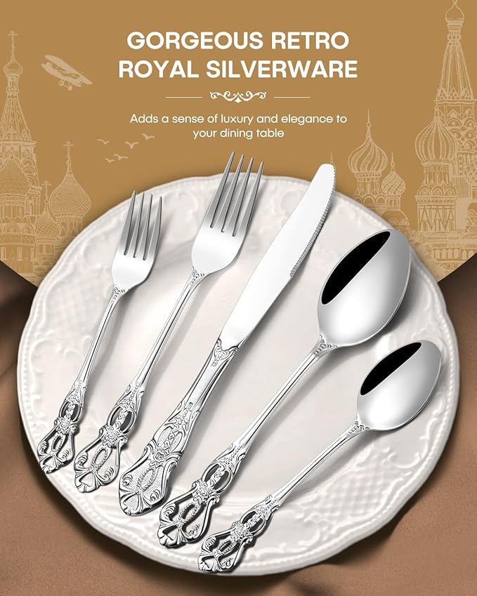 Stapava 20 Pcs Gorgeous Retro Royal Silverware Set, Stainless Steel Cutlery Flatware Set for 4, Include Forks Spoons and Knives Set, Dishwasher Safe Utensils Set, Mirror Polished