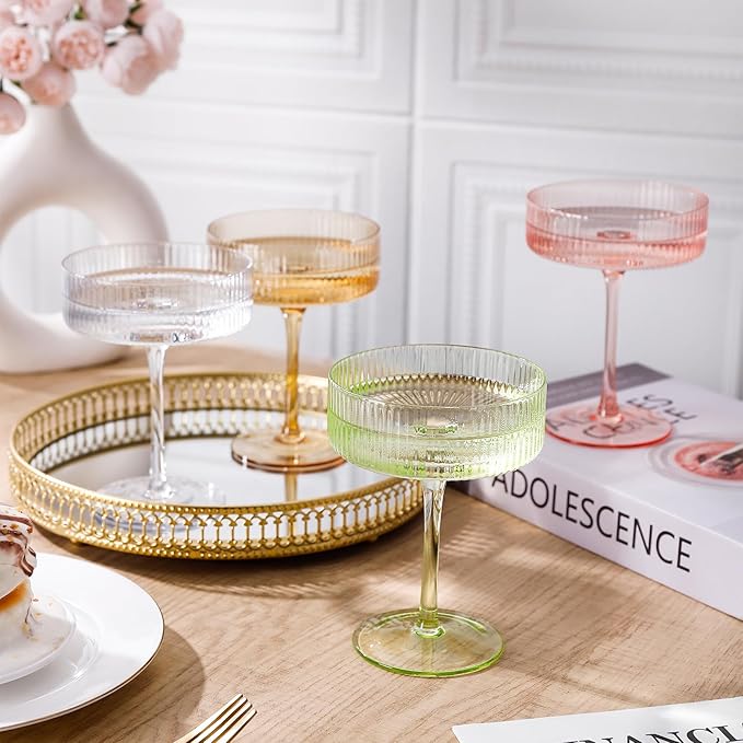 Cyrelwing Colored Coupe Glasses Set of 6 Vintage Art Deco Colorful Champagne Coupe glasses 9 oz,Ribbed Martini Cocktail Glasses|Colored Cocktail Glasses Set for Espresso,Martini,Champagne