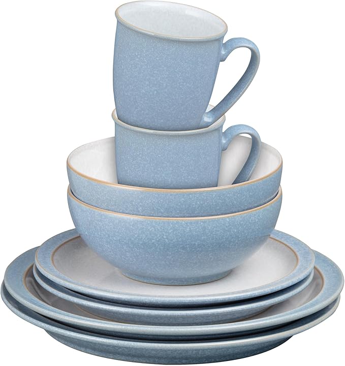 Denby - Elements 8 Piece Dinner Set For 2 - Blue Glaze, Dishwasher, Microwave Safe, Oven Proof Plate & Bowl Set - 4 x Lunch Plates, Dinner Plates, Cereal Bowls & Coffee Mugs - Chip Resistant Tableware