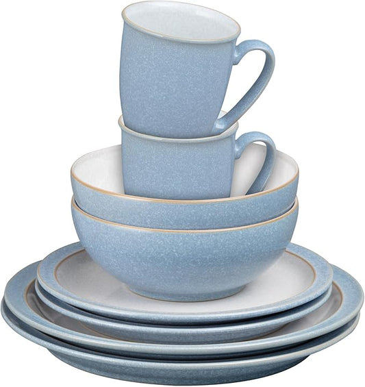 Denby - Elements 8 Piece Dinner Set For 2 - Blue Glaze, Dishwasher, Microwave Safe, Oven Proof Plate & Bowl Set - 4 x Lunch Plates, Dinner Plates, Cereal Bowls & Coffee Mugs - Chip Resistant Tableware