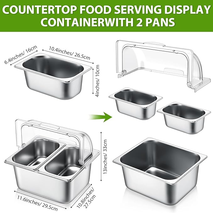 Countertop Food Serving Display Container and Clear Roll Top Cover Half Size Stainless Steel Food Serving Tray Condiment Dispenser with 2 Removable Containers for Restaurant Kitchen Buffet