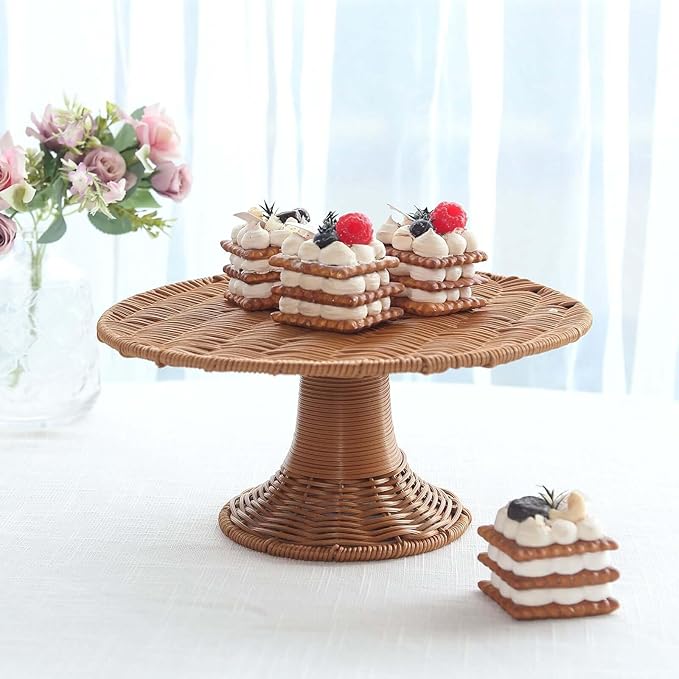 Efavormart Natural Plastic Rattan Wicker Pedestal Cake Stand, Round Rustic Cupcake Holder Dessert Table Display Centerpiece - 12"