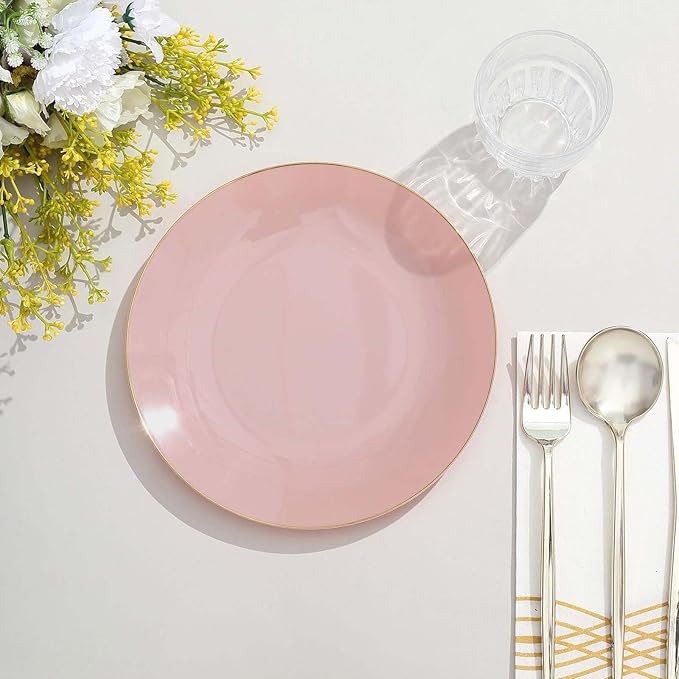 Efavormart 10 Pack | 8" Glossy Dusty Rose Round Plastic Dinner Plates With Gold Rim, Disposable Party Plates
