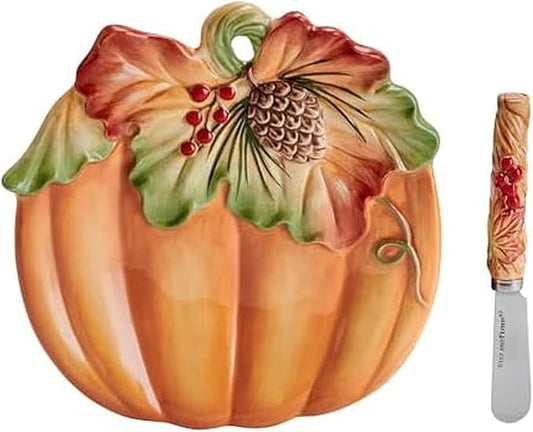 Fitz and Floyd Fall Harvest Pumpkin Snack Appetizer Plate with Spreader Set, 7 inch